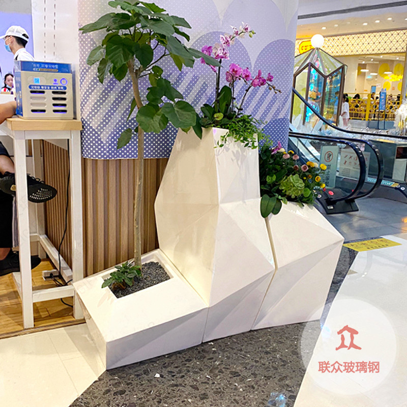 商場美陳玻璃鋼花盆組圓形落地大花瓶售樓部酒店門前走廊裝飾花器